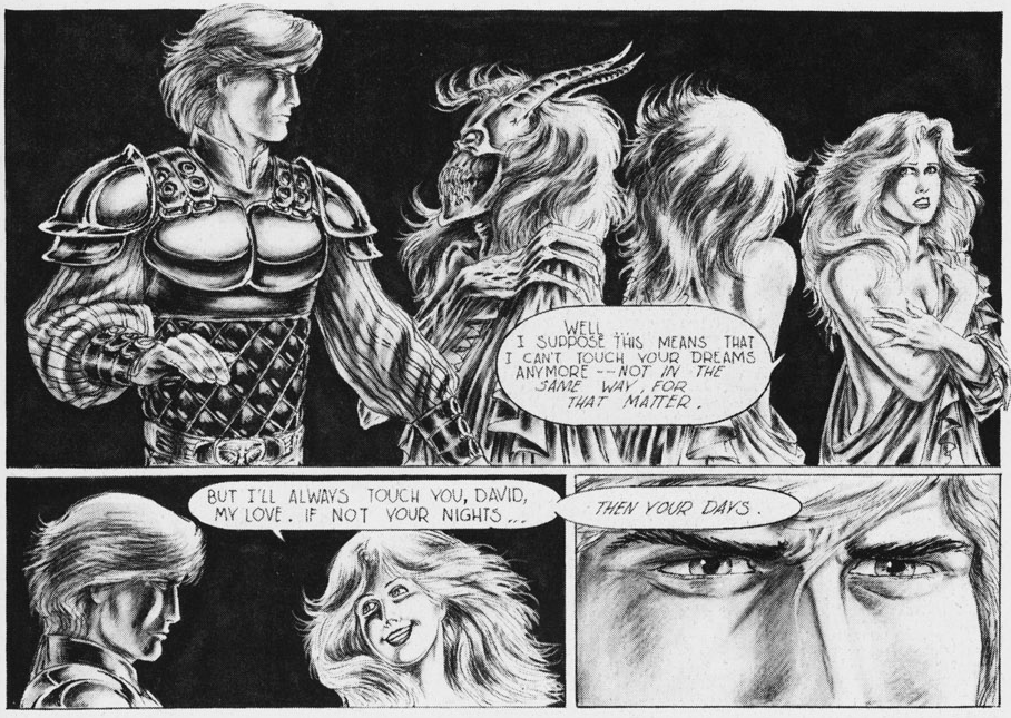 Many with armor speaks with woman with horns and skeletal face, as well as a human woman.