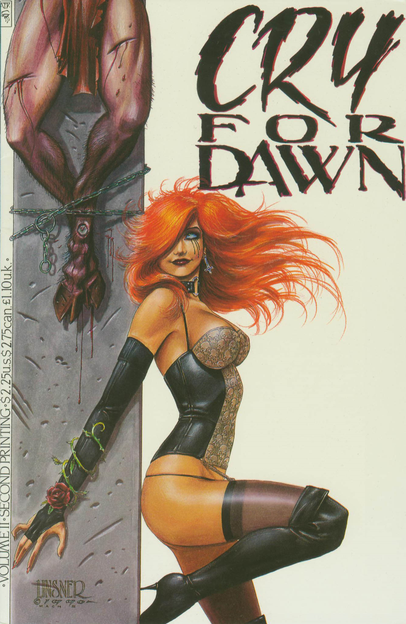 Dawn leans against a pillar, clad in lingerie with her trademark skull-lace pattern. A humanoid figure with cloven feet is nailed to the pillar.