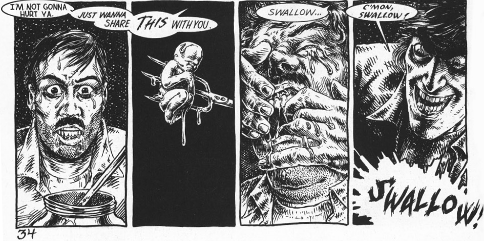 A man feeds another man a fetus impaled on a fork