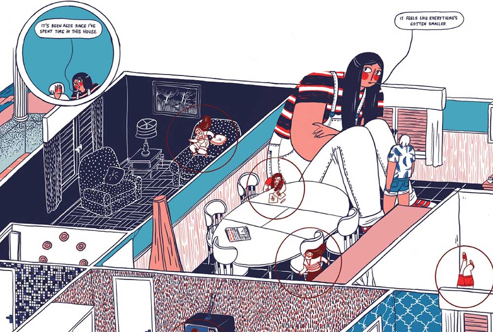 A page from Mothballs, showing the interior of a house, looking inside as though there were no roof, like a doll house. A gigantic person sits in the corner of the dining room.