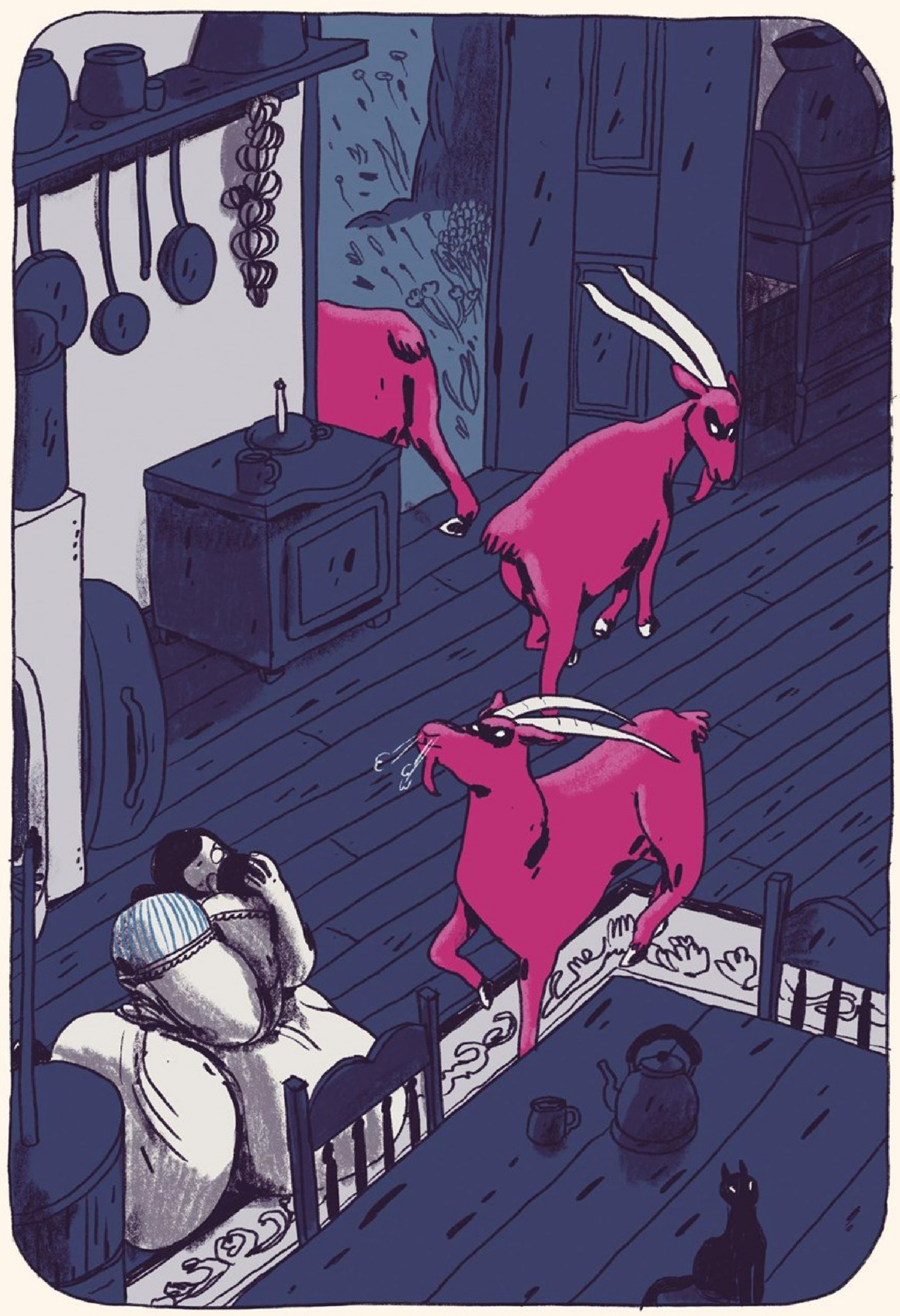 A goat sniffs a woman holding a baby, then turns around and walks out of the room.