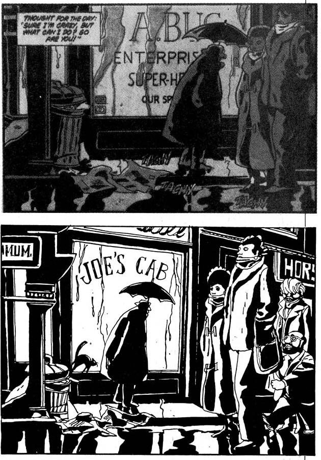 Above: A panel from Ambush Bug by Kieth Giffen, below a panel from Alack Sinner by José Muñoz