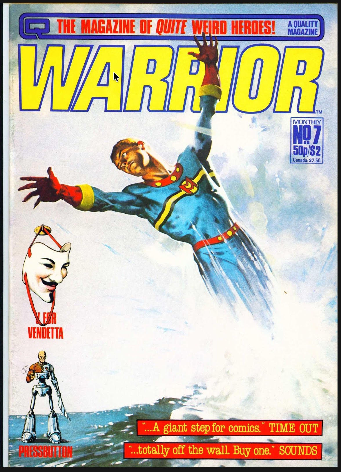 Cover of Warrior magazine issue 7 with Marvelman flying into the sky