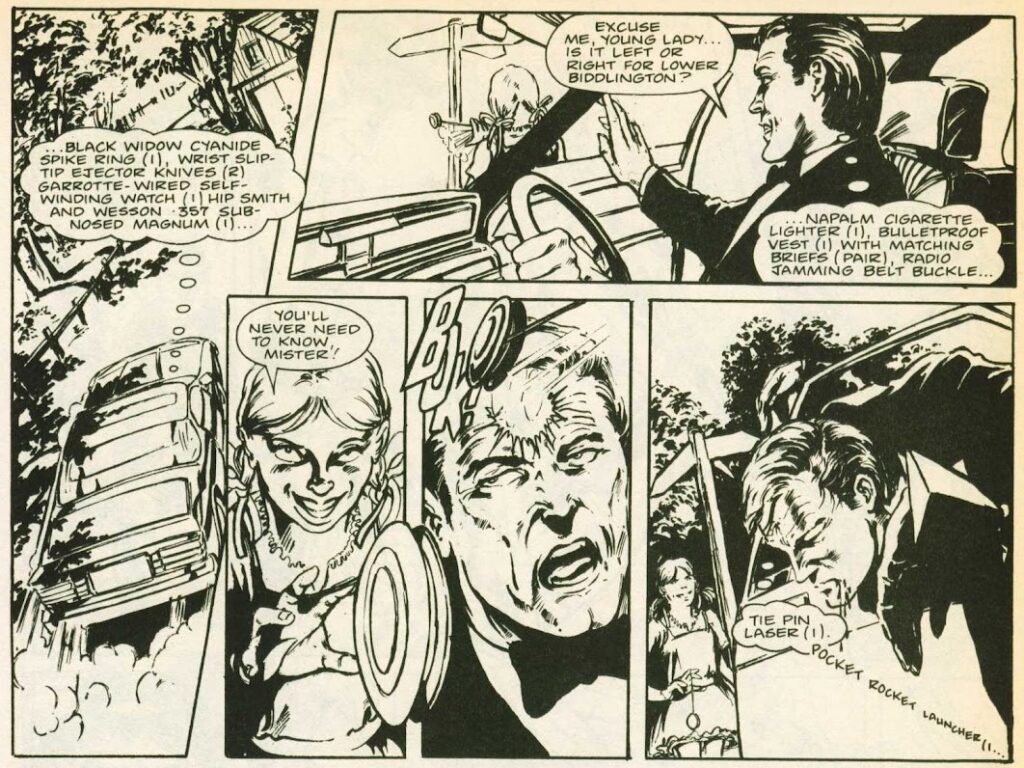 Excerpt from Big Ben, where a little girl strikes a man in a suit in the head with a yoyo. The man was thihking about all the weapons he had ... he continues to think about them as he loses consciousness.