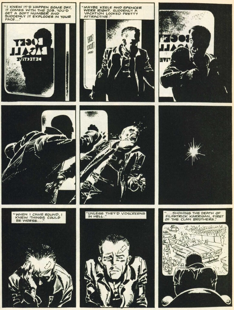 A nine panel grid page from Bogey, showing Bogey enter his shadowy office and get punched... the punch spreads across two panels of the grid