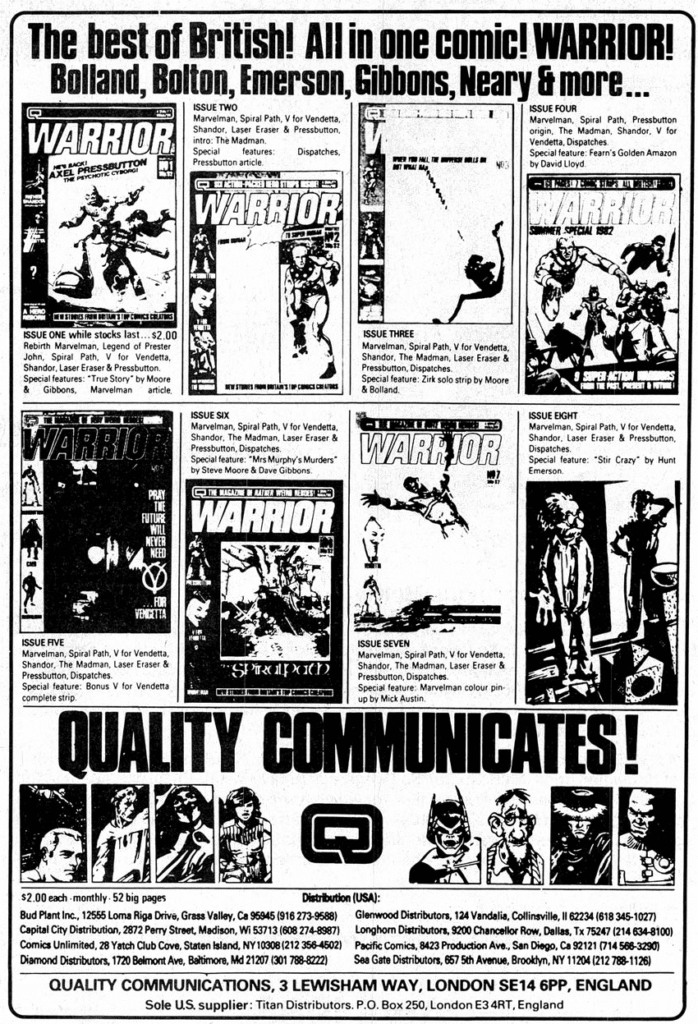 Warrior magazine ad from Comics Journal, depicts several Warrior covers, does not mention Alan Moore in the headline.