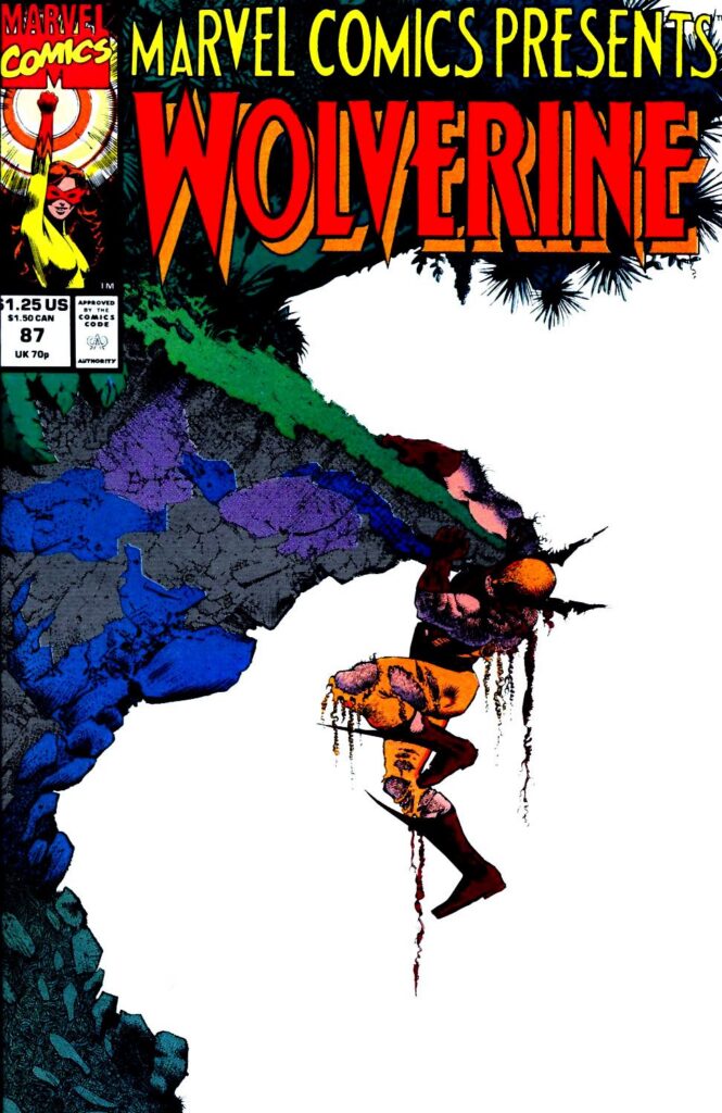 Wolverine hanging off the edge of a cliff on the cover of Marvel Comics Presents 87, art by Sam Kieth