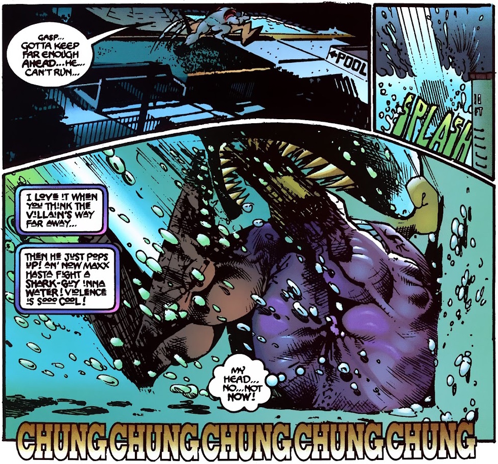 The Maxx battles a shark, art by Sam Kieth