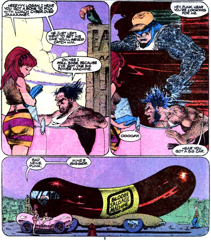 Cyber pulls up next to Wolverine in a giant sausage truck, art by Sam Kieth