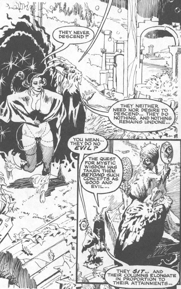 Goated headed demon explains that the meditating demons have gone beyond good and evil