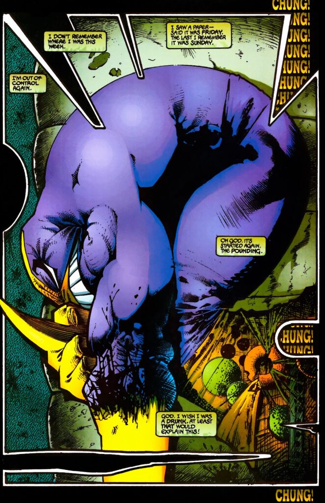 Splash page of the Maxx curled up in the back of a cop car, art by Sam Kieth