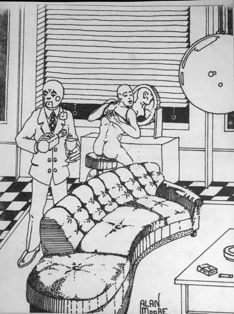 A person in clown (doll?) make up and wearing a suit pours a drink while an otherwise naked person puts on a bra.