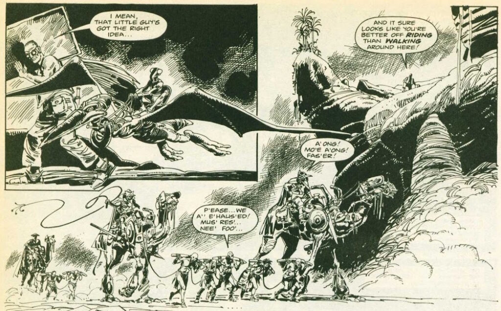 Two panels from Twilight World, one features a humanoid mounting what looks like a pterodactyl, the other showing slave drivers riding something like mutant camels
