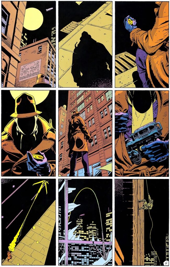 Nine panel grid from Watchmen, Rorschach finds the Comedian's badge and then fires his grappling hook into the building