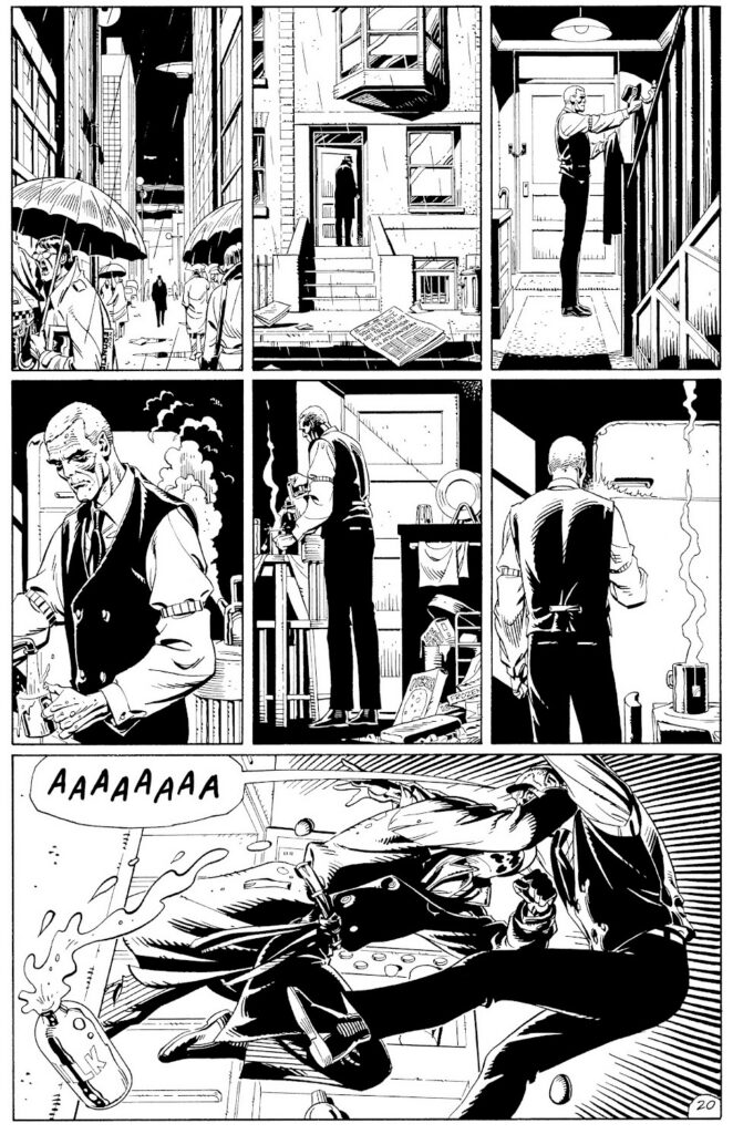 A nine panel grid from Watchmen in black and white... Rorshach attacks Molloch in his apartment.
