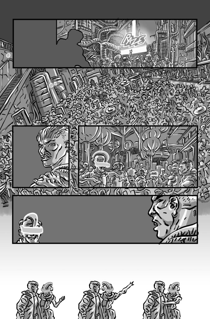 A man follows a crowd into a night club called Raze. Inside the crowded club, another man, this one wearing a visor, seems to recognize the first man and leads him away.