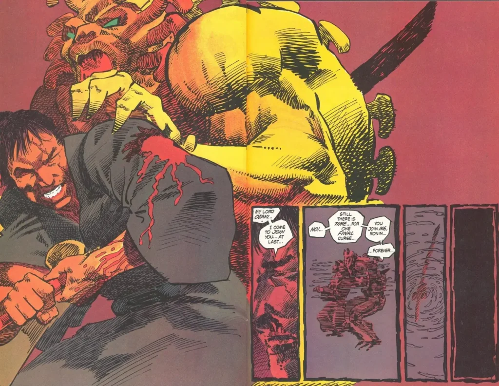 Ronin stabbing demon by stabbing himself, later swiped or homaged by Rob Liefeld