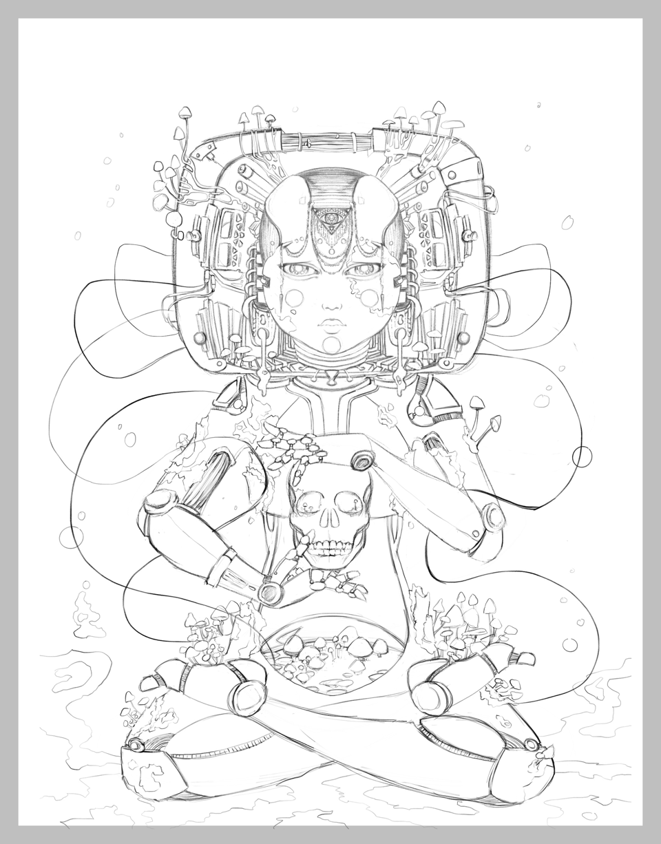 A cyber high priestess holding a skull and sitting full lotus. Mushrooms growing from her circuitry
